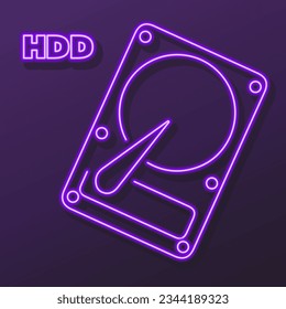 hard disk drive neon sign, modern glowing banner design, colorful modern design trends on black background. Vector illustration.