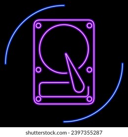 hard disk drive neon sign, modern glowing banner design, colorful modern design trends on black background. Vector illustration.