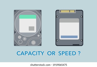 Hard disk drive and solid state drive hardware vector illustration. hdd vs ssd comparing between hardware, capacity or speed.