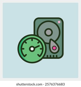 Hard disk drive with speed indicator icon symbolizing data processing and storage performance