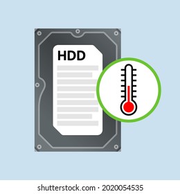 Hard disk drive and thermometer icon inside round sign. Concept of optimal operating temperature of HDD, normal temperature, health of hard drive