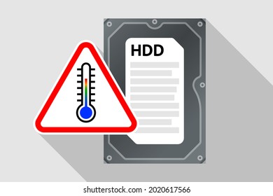 Hard disk drive and warning triangular sign with thermometer icon inside. Concept of operating temperature of HDD, optimal and critical temperature, overheating and risk of failure