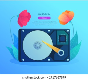 Hard disk drive web banner in cartoon style. Internal hard drive mechanism with flower decoration. Computer electronics and hardware components vector illustration. Technical assistance and support