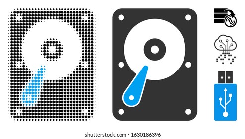 Hard disk halftone vector icon and solid version. Illustration style is dotted iconic Hard disk icon symbol on a white background. Halftone matrix is round blots. Some bonus icons.