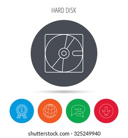 Hard disk icon. Hard drive storage sign. Globe, download and speech bubble buttons. Winner award symbol. Vector