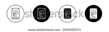 Hard Disk icon set. internal memory drive vector symbol. hdd storage sign. external backup harddrive pictogram. computer portable hardisk hardware icon in black filled and outlined style.