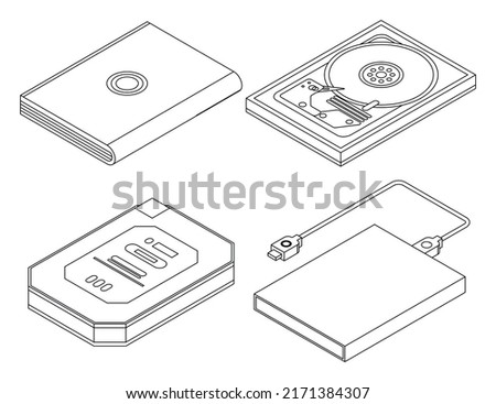 Hard disk icons set. Isometric set of hard disk vector icons outline isolated on white background