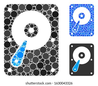 Hard disk mosaic of filled circles in variable sizes and shades, based on hard disk icon. Vector filled circles are united into blue mosaic. Dotted hard disk icon in usual and blue versions.