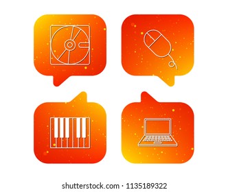 Hard disk, pc mouse and notebook laptop icons. Piano linear sign. Orange Speech bubbles with icons set. Soft color gradient chat symbols. Vector