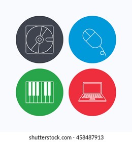 Hard disk, pc mouse and notebook laptop icons. Piano linear sign. Linear icons on colored buttons. Flat web symbols. Vector
