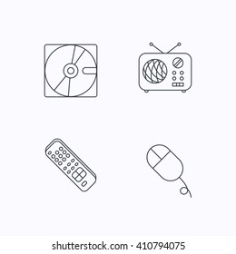 Hard disk, radio and TV remote icons. PC mouse linear sign. Flat linear icons on white background. Vector