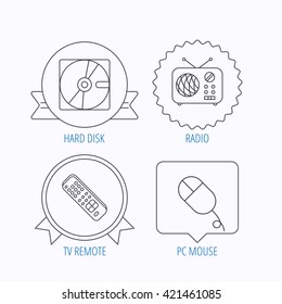 Hard disk, radio and TV remote icons. PC mouse linear sign. Award medal, star label and speech bubble designs. Vector