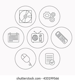 Hard disk, radio and TV remote icons. PC mouse linear sign. Check file, calendar and cogwheel icons. Vector
