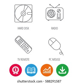 Hard disk, radio and TV remote icons. PC mouse linear sign. Award medal, growth chart and opened book web icons. Download arrow. Vector