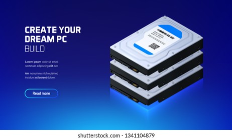 Hard disk realistic 3d isometric illustration, personal computer hardware components, custom gaming and workstation accessories, pc store and service