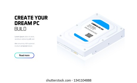 Hard disk realistic 3d isometric illustration, personal computer hardware components, custom gaming and workstation accessories, pc store and service