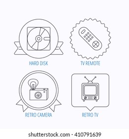 Hard disk, retro camera and TV remote icons. Vintage TV linear sign. Award medal, star label and speech bubble designs. Vector