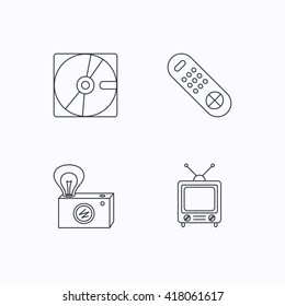 Hard disk, retro camera and TV remote icons. Vintage TV linear sign. Flat linear icons on white background. Vector