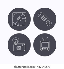 Hard disk, retro camera and TV remote icons. Vintage TV linear sign. Flat icons in circle buttons on white background. Vector