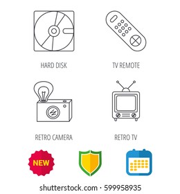 Hard disk, retro camera and TV remote icons. Vintage TV linear sign. Shield protection, calendar and new tag web icons. Vector