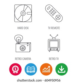 Hard disk, retro camera and TV remote icons. Vintage TV linear sign. Award medal, growth chart and opened book web icons. Download arrow. Vector
