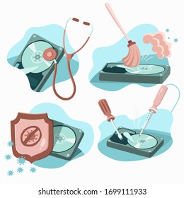Hard Disk Service Concept - diagnostics; cleaning; protection; repair. Set of cartoon illustrations isolated on a white background.