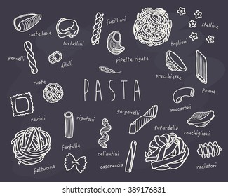 Hard Drawing Pasta Set On Chalkboard Stock Vector (Royalty Free) 389176831