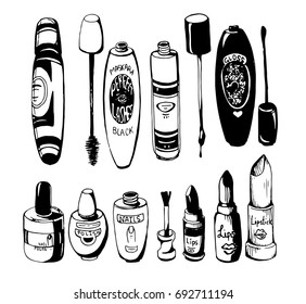 Hard drawn make up set of items mascara,nail polish, lipstick visage products. Vector illustration isolated.