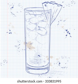 Hard drink cocktail Barracuda with gold rum, Galliano, pineapple juice, lemon and dry wine on a notebook page