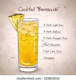 Hard drink cocktail Barracuda with gold rum, Galliano, pineapple juice, lemon and dry wine