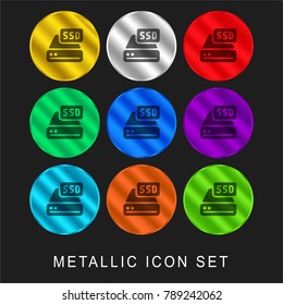 Hard drive 9 color metallic chromium icon or logo set including gold and silver