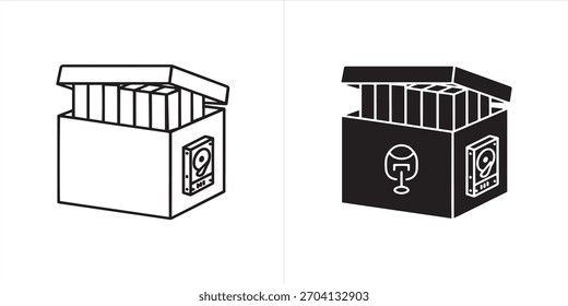 Hard drive box vector icon isolated on white background. It is a graphic design element for computer storage, data backup, and digital information system.