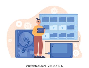 Hard drive concept. Man with gadgets and devices, specialist chooses part for computer or laptop. Data storage and electronic archive. Poster or banner for website. Cartoon flat vector illustration
