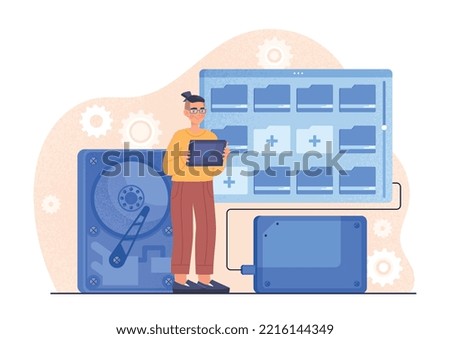 Hard drive concept. Man with gadgets and devices, specialist chooses part for computer or laptop. Data storage and electronic archive. Poster or banner for website. Cartoon flat vector illustration