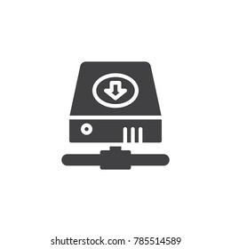 Hard drive with download arrow icon vector, filled flat sign, solid pictogram isolated on white. Symbol, logo illustration.