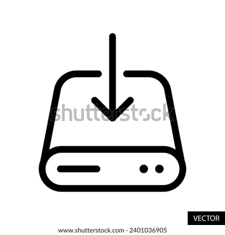 Hard drive and downward arrow symbol, download file, save to computer vector icon in line style design for website, app, UI, isolated on white background. Editable stroke. EPS 10 vector illustration.