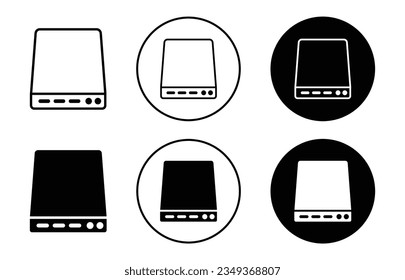 Symbol für die Festplatte gesetzt. tragbare externe Computer-Festplatte Vektorsymbol in schwarz gefüllt und umrissen Stil.