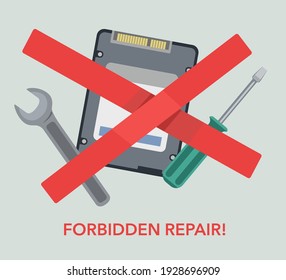 Hard drive with screwdriver and wrench with crossed red lines and text forbidden repair. Symbol Do not repair. Complex repair designation. Vector illustration.