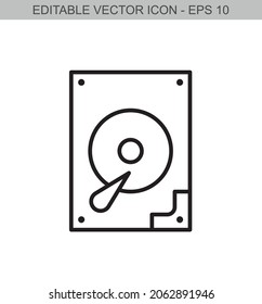 A hard drive sign. Editable stroke line icon. Vector illustration.