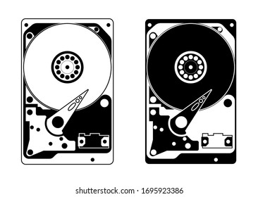 Disco duro sin tapa superior con dispositivo interno y mecanismos. En un estilo lineal, icono en blanco y negro. Vector aislado