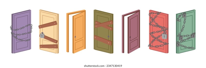 Puerta difícil y fácil, opción de ruta. Cerrado y abierto. Puerta plana de caricatura de donde elegir, escogiendo una forma simple y difícil, puerta con cadena y cerradura. Libertad de elección, ilustración vectorial