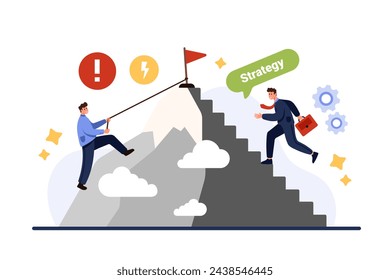 Hard and easy path to career development, difficulty and inequality of conditions for employee growth. Tiny people climb up mountain on steps and with efforts on rope cartoon vector illustration