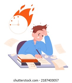 Hard Exam Preparation. Scared Student Prepare School Test College Assignment, Stress Exams Hurry Studying Worried Schoolboy, Night Knowledge Education, Vector Illustration Of Preparing By Student