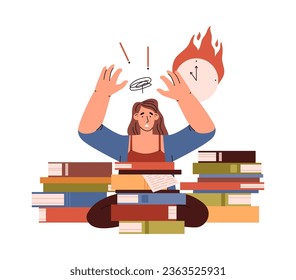 Hard exam preparation with textbooks pile. Scared woman student in panic prepare school or college test. Stress exams and hurry studying. Deadline knowledge education vector cartoon illustration