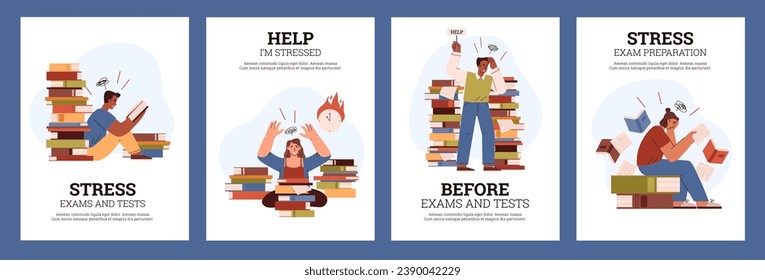 Hard exam preparation with textbooks pile. Scared students in panic prepare school or college test. Stress exams and hurry studying. Deadline knowledge education vector cartoon posters set