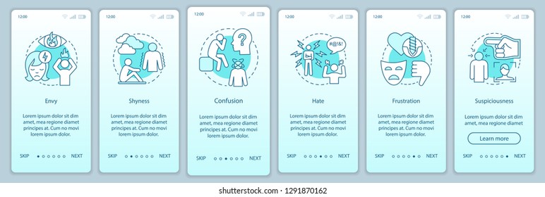 Hard feelings onboarding mobile app page screen vector template. Envy, shyness, confusion, hate, frustration. Walkthrough website steps with linear illustrations. UX, UI smartphone interface concept