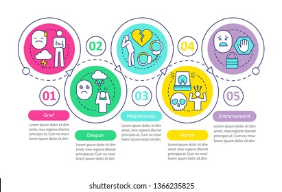 Hard feelings vector infographic template. Grief, despair, helplessness. Business presentation design elements. Data visualization with five steps and options. Process timeline chart. Workflow layout
