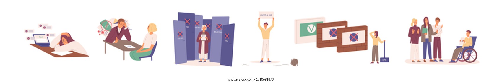 Hard to find a job during crisis. Young, disabled and elderly people have problems in job seeking. Resume is rejected by employer. Unemployed characters set. Vector illustration in flat cartoon style