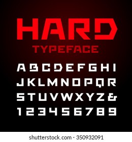 Hard font. Vector alphabet with latin letters and numbers.
