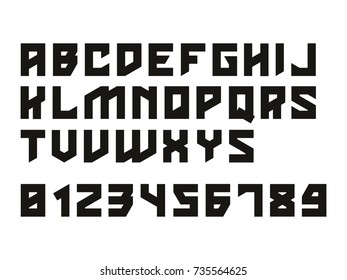Hard font. Vector alphabet with latin letters and numbers.